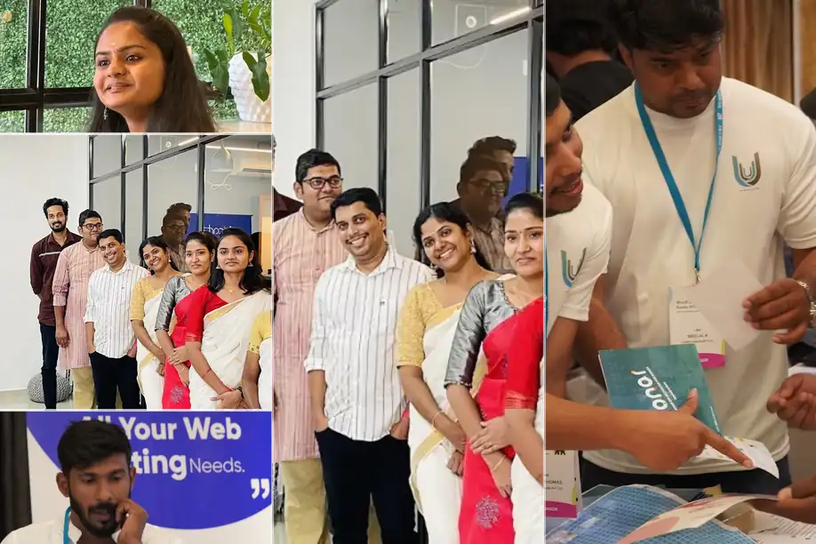 The Ucartz team: staff portraits and group photos at the Anchal office and a WordCamp sponsor booth