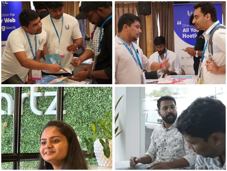 Ucartz team members at a WordCamp Kerala sponsor booth and in the office: four real moments from the team