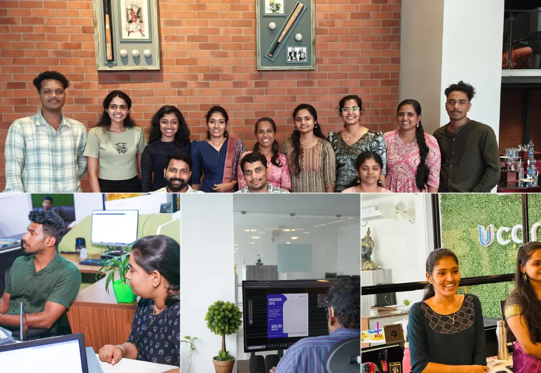 The Ucartz team together, a work discussion, designing a Webmin VPS ad and a celebration by the branded office wall