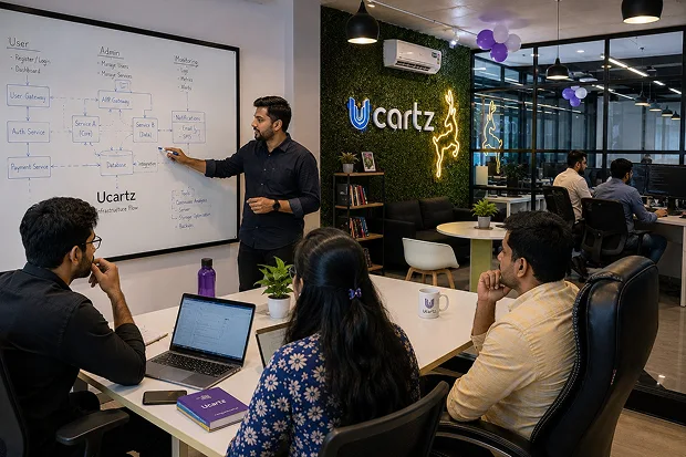 Ucartz engineers reviewing a server architecture diagram together in our office