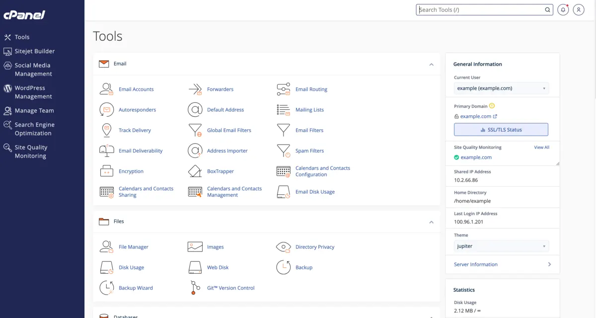 The cPanel Tools page: email, files and other tools on the left, account information on the right