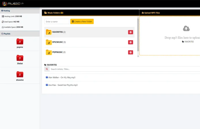 The SonicPanel music library: folders, playlists, hosting space used and a drag-and-drop MP3 upload area