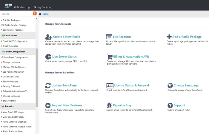 The SonicPanel reseller panel: create radio accounts and packages, list accounts and connect billing automation