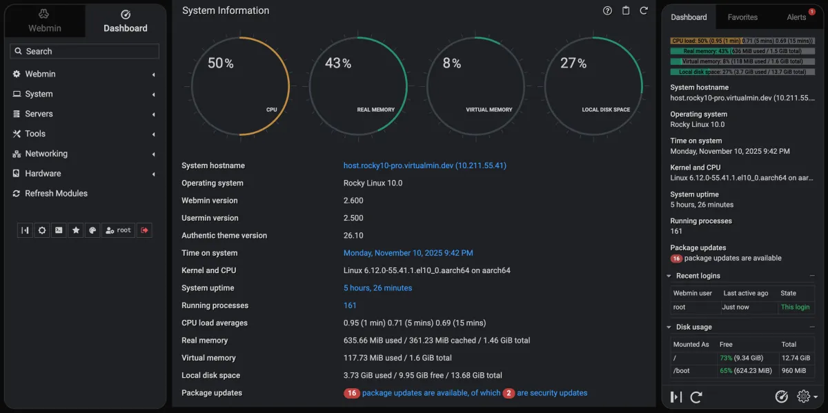 The Webmin dashboard: CPU, memory and disk gauges, system information and package updates (dark theme)