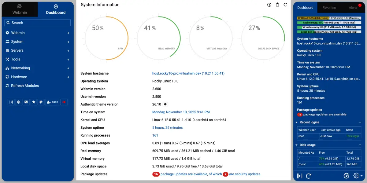 The Webmin dashboard that the Virtualmin panel runs on