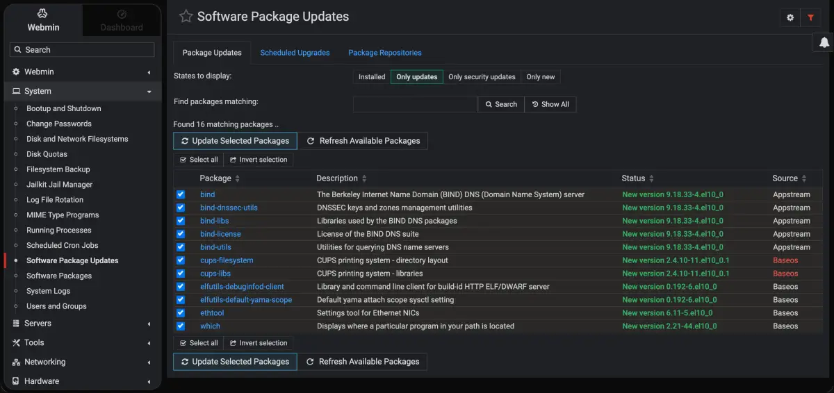 Webmin Software Package Updates: the list of available updates with one-click install (dark theme)