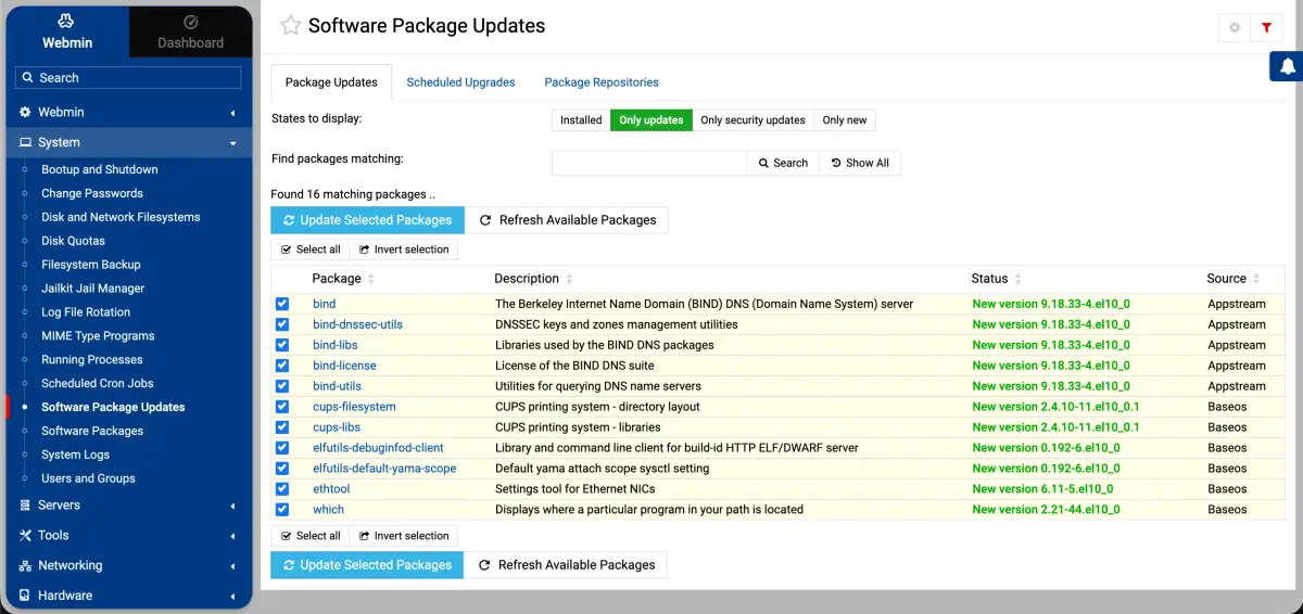 Webmin Software Package Updates: the list of available updates with one-click install (light theme)
