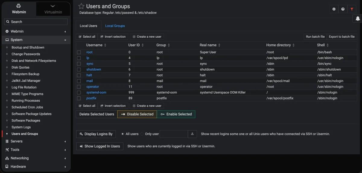 Webmin Users and Groups: the Linux user accounts on the server, with full root access kept by you (dark theme)