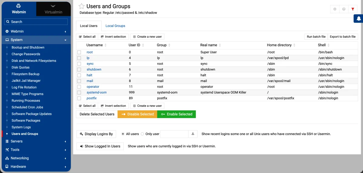 Webmin Users and Groups: the Linux user accounts on the server, with full root access kept by you (light theme)
