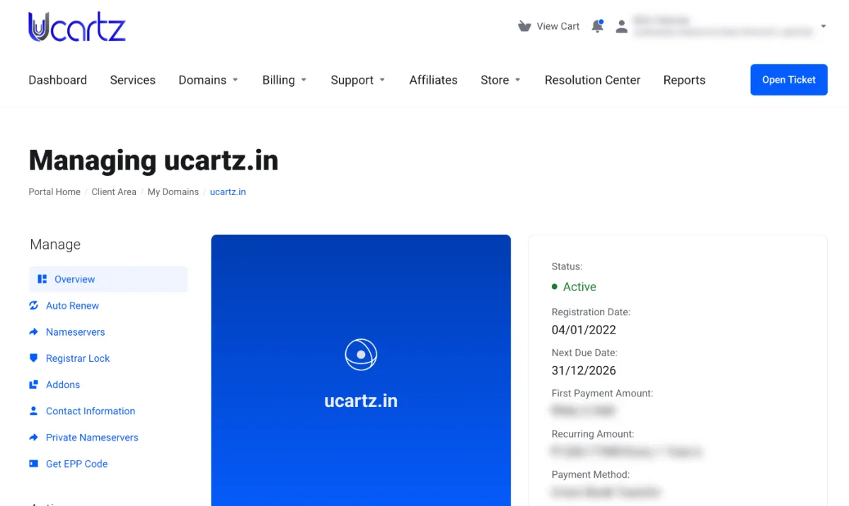 Managing a domain in the Ucartz client area, with menus for auto renew, nameservers, registrar lock and the EPP code