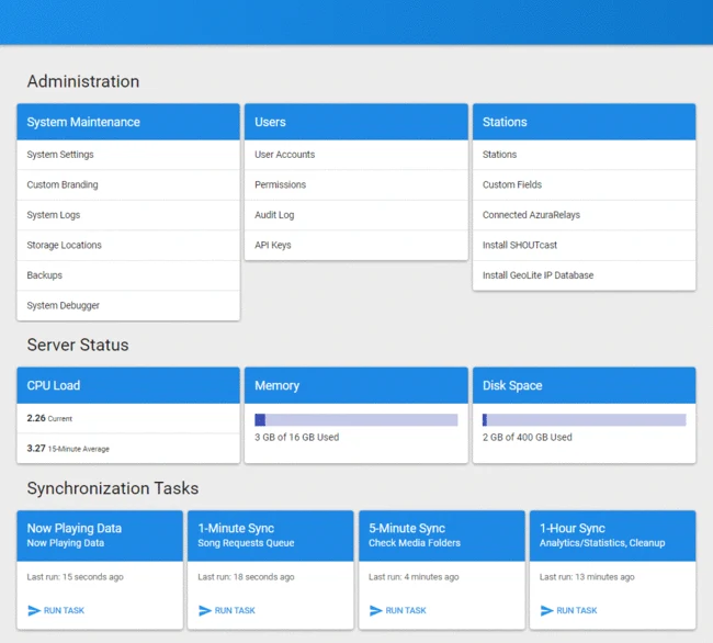 The AzuraCast server status screen on a Ucartz-managed radio server
