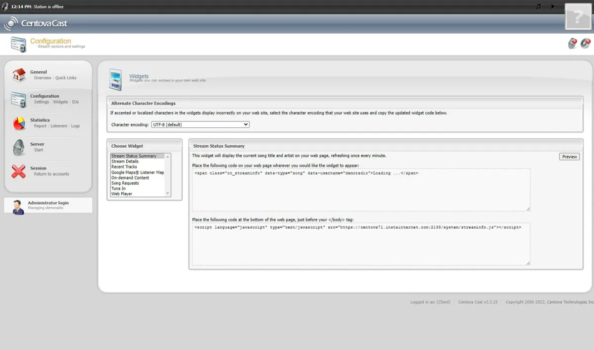 Real Centova Cast control panel, the station panel your customers log in to