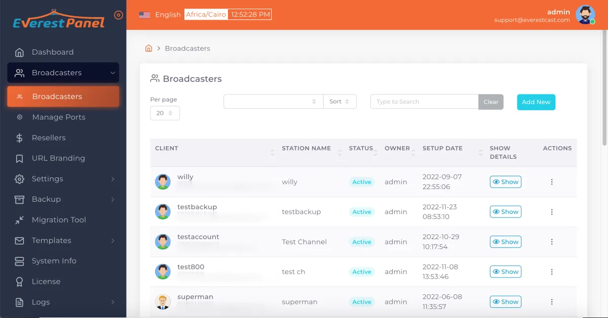 Everest Panel admin view listing broadcasters, with menus for resellers, URL branding and the migration tool