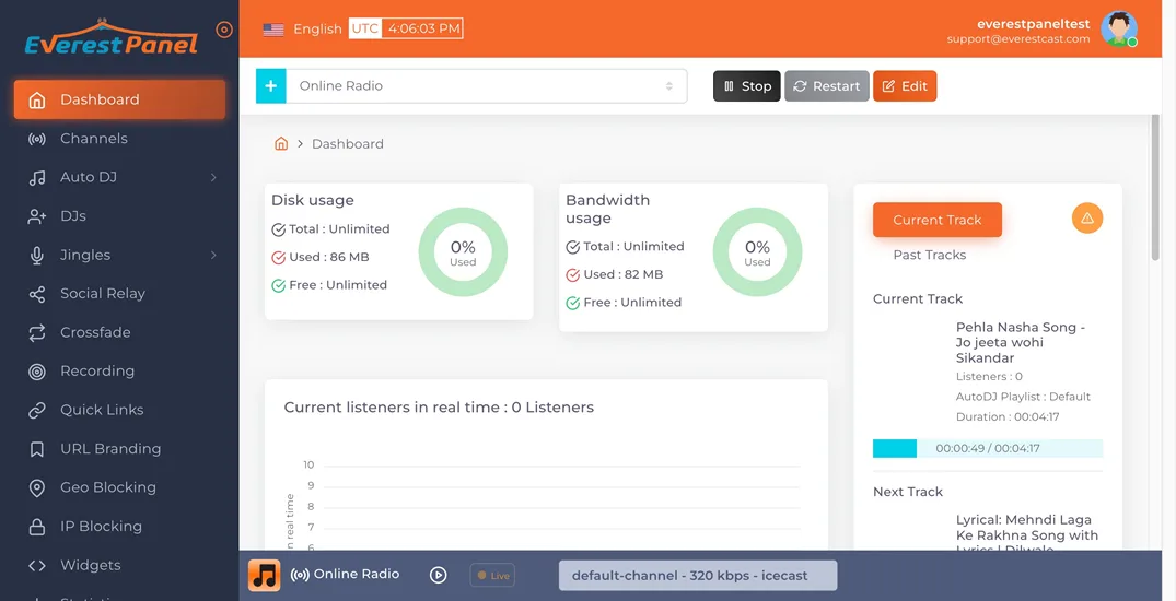 Everest Panel station dashboard with disk and bandwidth usage, live listeners and the current AutoDJ track