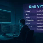 Kali Linux VPS dashboard showing penetration testing tools on remote virtual server with terminal interface
