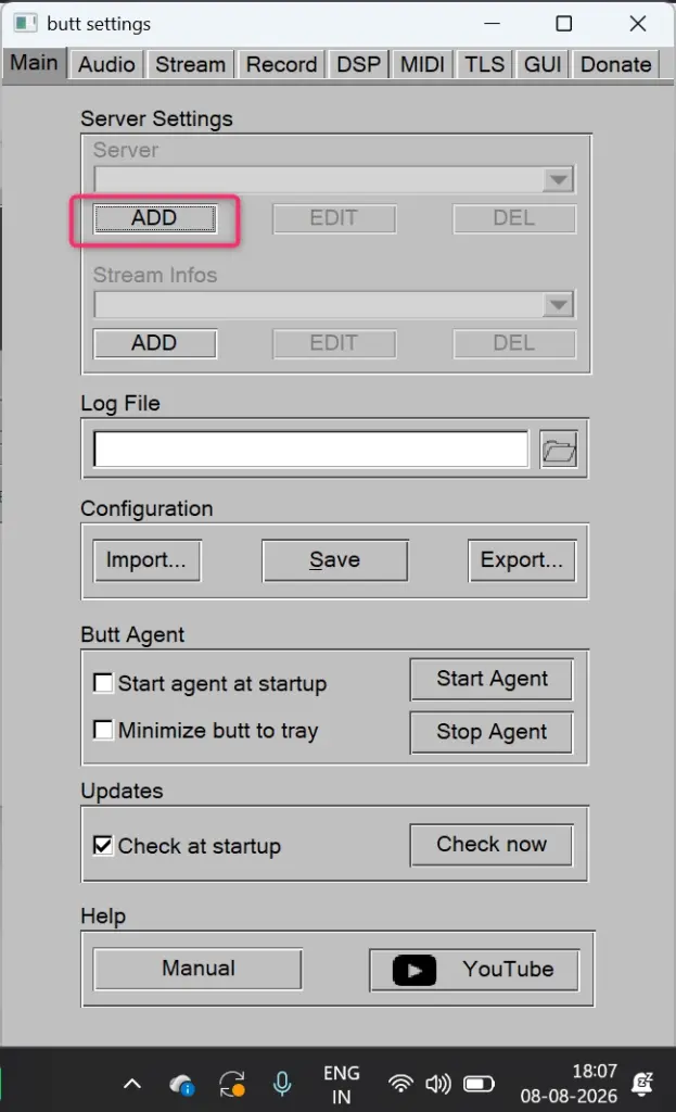 BUTT server settings