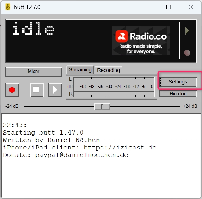 BUTT software settings