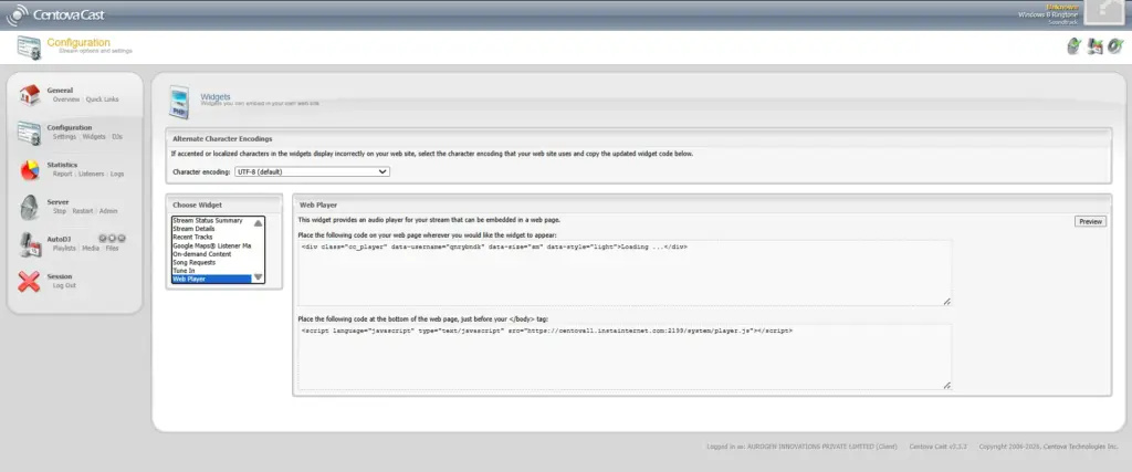 Web player configuration