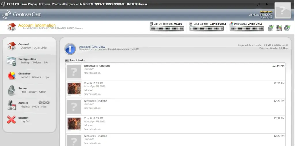 centova cast dashboard output