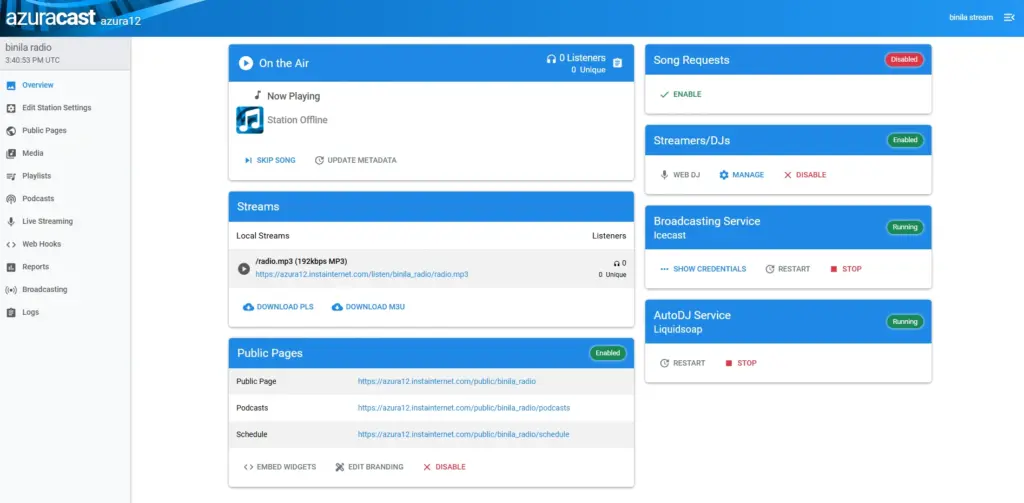 azuracast main dashboard