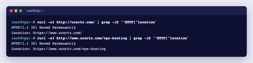 Terminal showing curl checks of 301 redirects with their Location headers