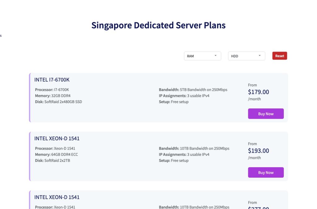 Singapore dedicated server plans on ucartz.com with processor, memory, disk and bandwidth details