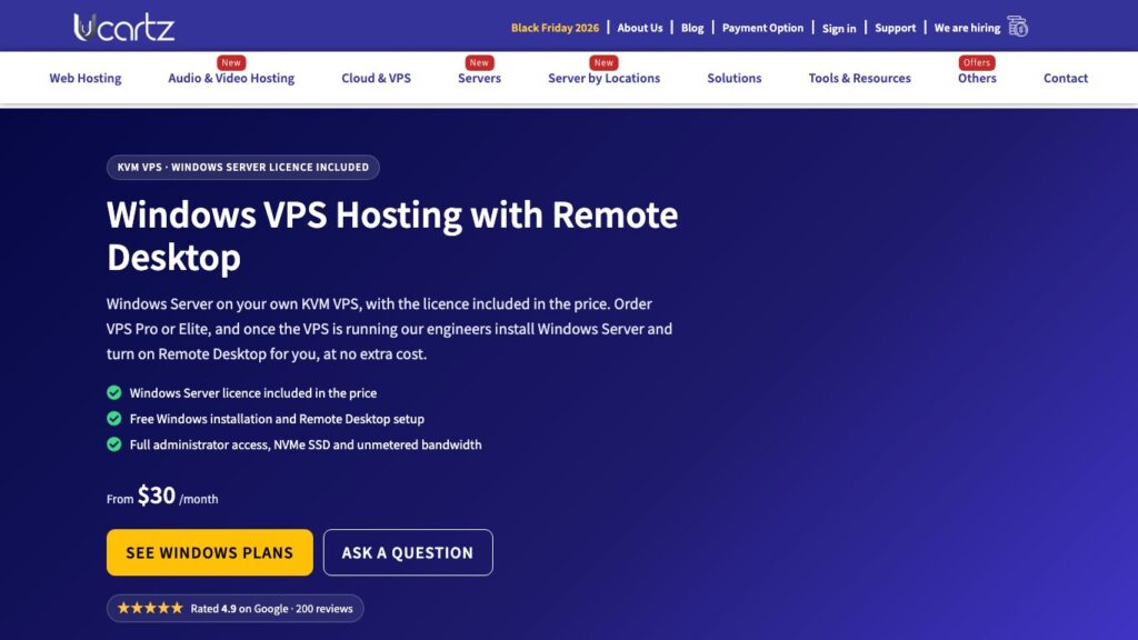 Ucartz Windows VPS page with RDP and plans from $30 a month