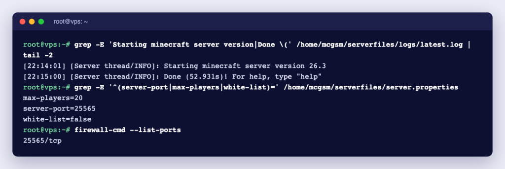 Terminal showing a Minecraft 26.3 server log, server.properties settings and the open firewall port