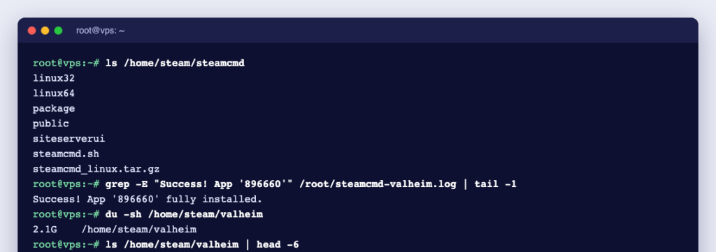 Terminal showing the SteamCMD folder and a completed Valheim dedicated server installation on Linux
