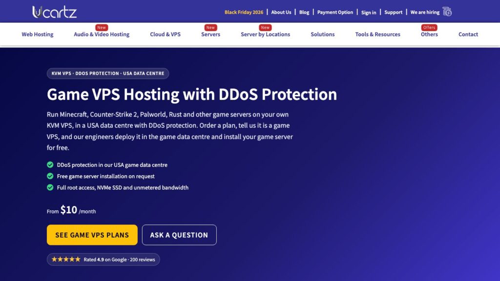 Ucartz Game VPS hosting page with DDoS protection and plans from $10 a month