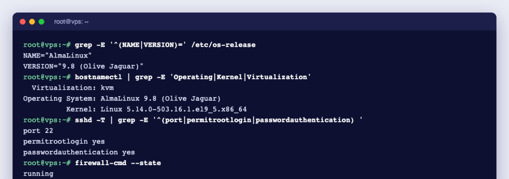 Terminal showing AlmaLinux 9.8 on a KVM VPS with SSH and firewall settings
