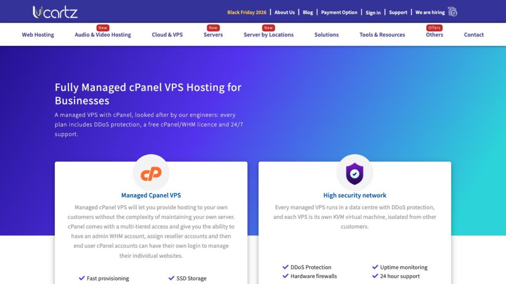 Ucartz fully managed cPanel VPS hosting page