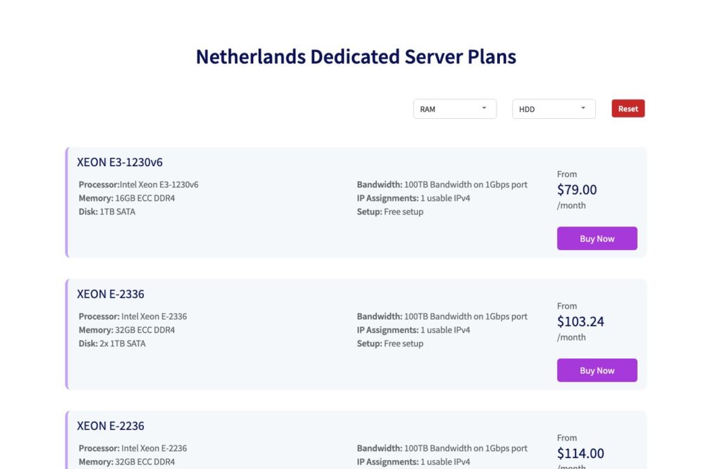 Netherlands dedicated server plans on ucartz.com with processor, memory, disk and bandwidth details
