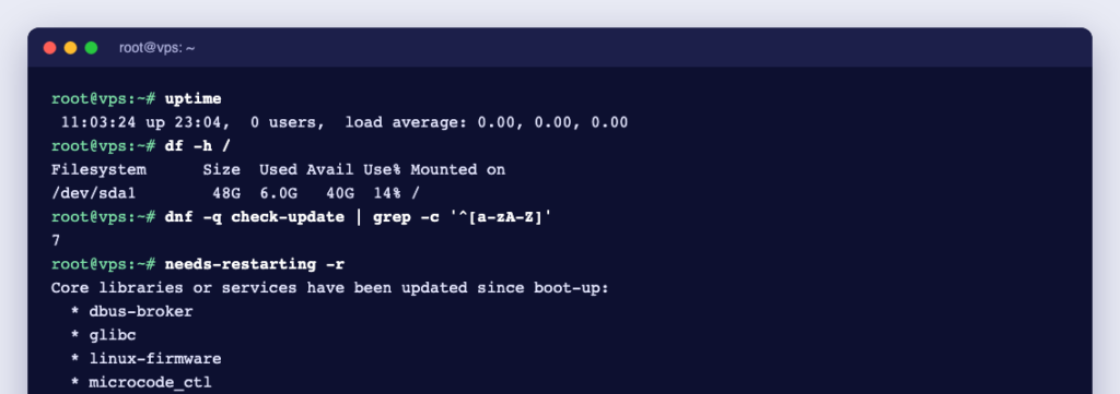 Terminal showing uptime, disk usage, pending updates and needs-restarting output on an AlmaLinux 9 server