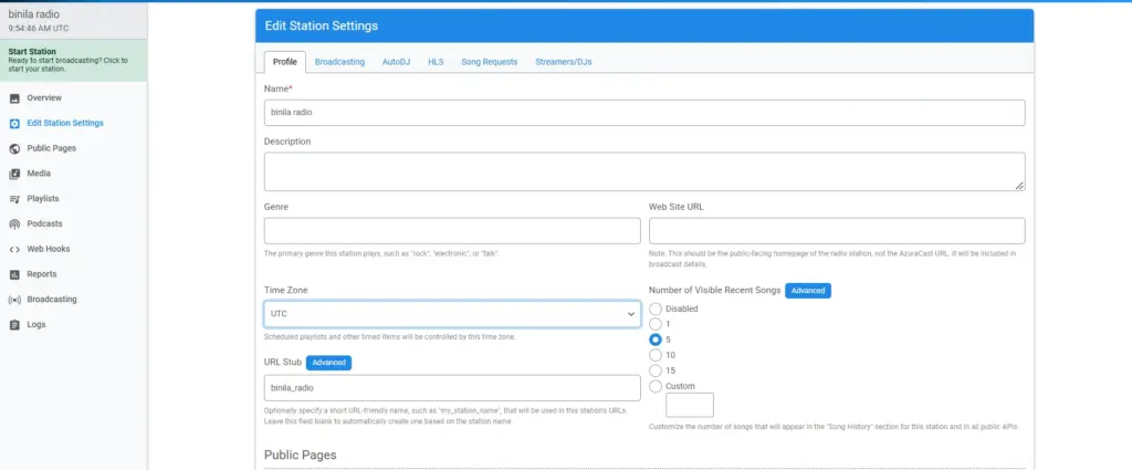 time settings azuracast