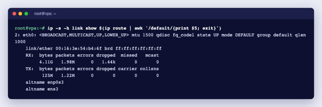 Terminal showing ip -s link traffic counters for a server network interface