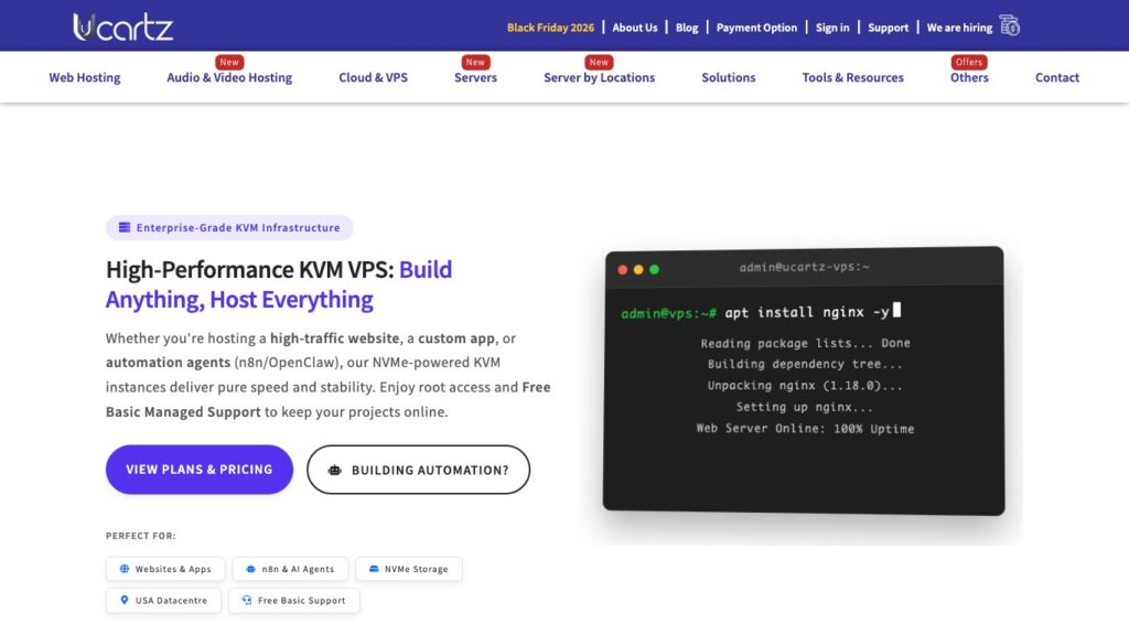 Ucartz KVM VPS hosting page with NVMe storage and a USA data centre
