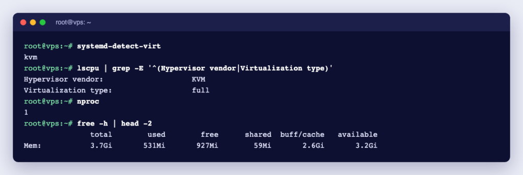 Terminal output on a Ucartz KVM VPS: systemd-detect-virt reports kvm and lscpu shows a KVM hypervisor with full virtualization