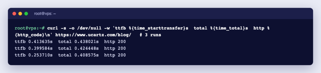 Terminal showing curl measuring time to first byte of a WordPress site