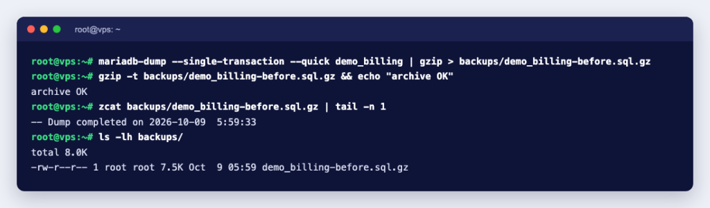 Terminal showing mariadb-dump to a gzip file, gzip -t archive OK and the Dump completed line