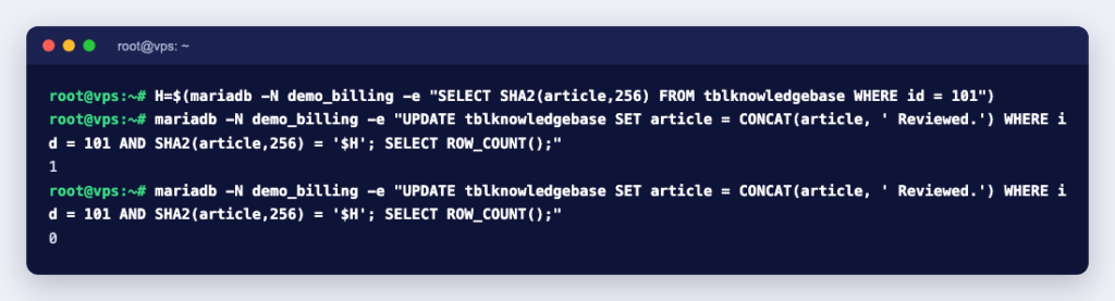 Terminal showing a guarded SQL update with a SHA-256 check returning 1 row the first time and 0 the second time