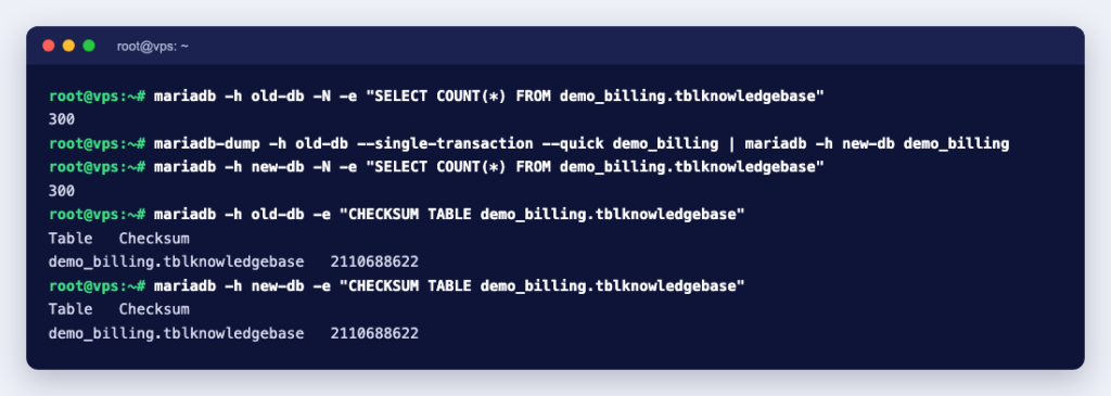 Terminal showing matching row counts and table checksums on an old and a new database server after a migration
