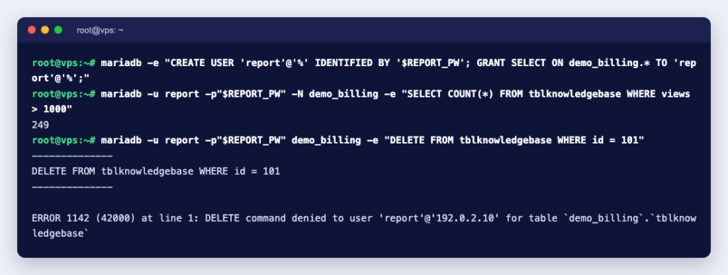 Terminal showing a read-only MariaDB user that can run SELECT but gets ERROR 1142 on DELETE