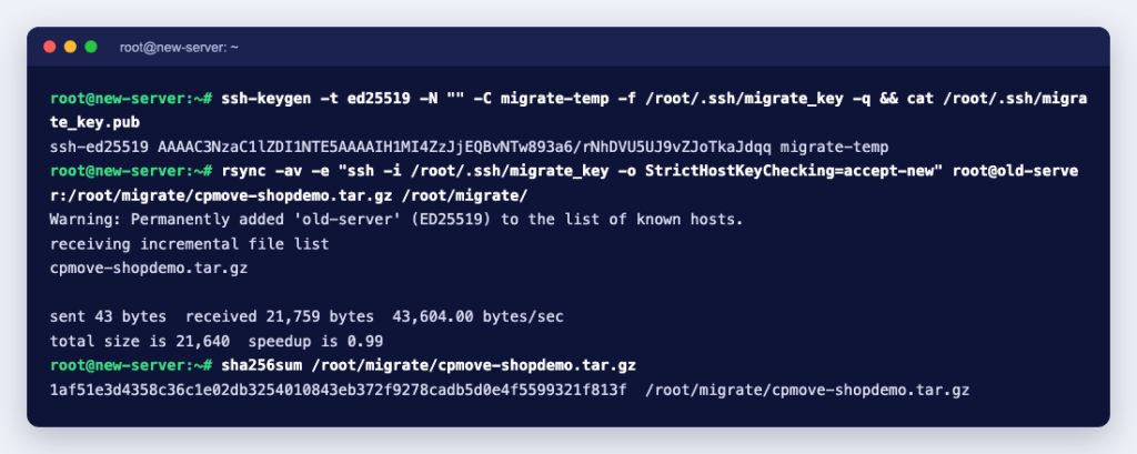 Terminal on the new server creating a temporary SSH key, pulling the cpmove archive with rsync and showing the same SHA-256 checksum