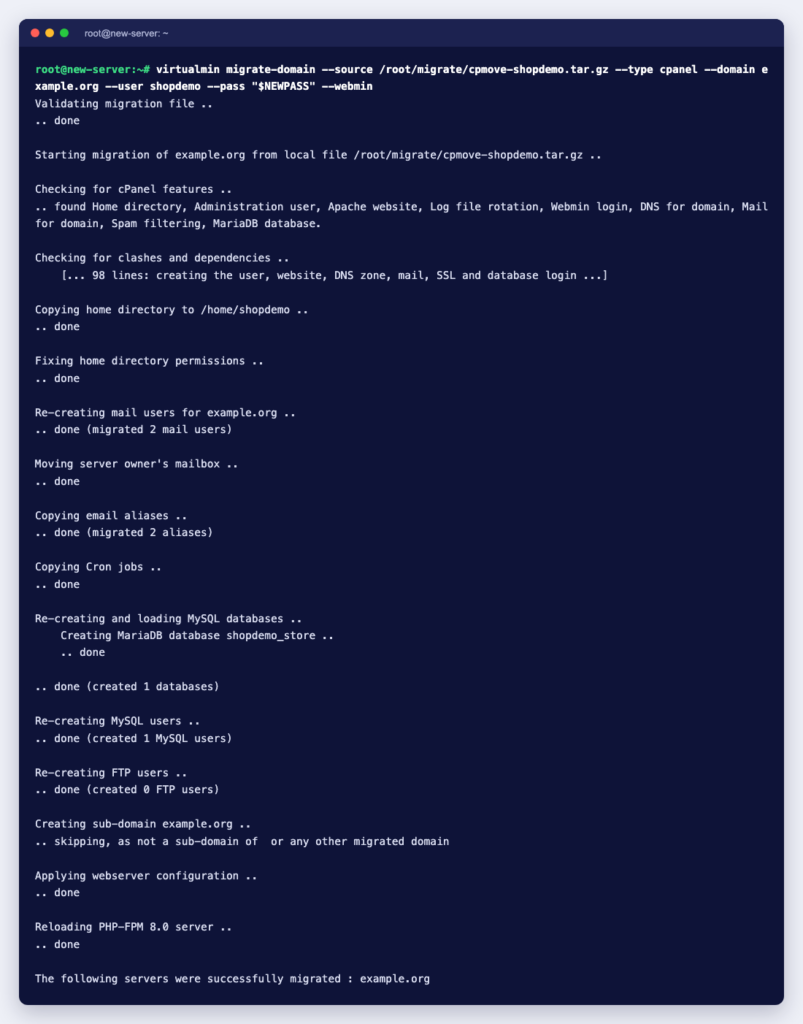 Terminal showing virtualmin migrate-domain importing the cPanel backup: mail users, aliases, cron, databases and MySQL users recreated