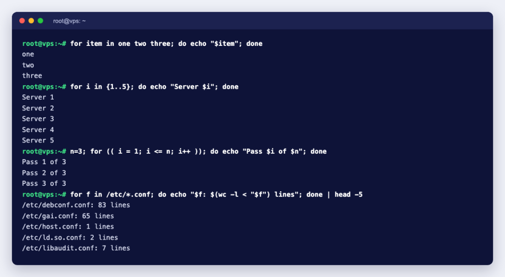 Terminal showing Bash for loops over a word list, a number range, a C-style counter and files on a Debian 13 server
