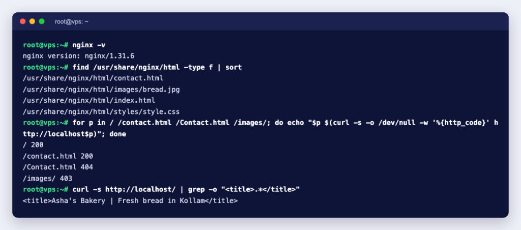 Terminal showing the sample site's files and nginx returning 200, 404 for Contact.html and 403 for a folder without index.html
