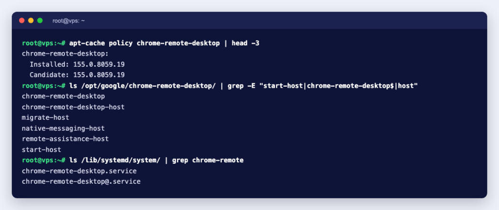 Terminal showing Chrome Remote Desktop 155 installed on Debian 13, with its start-host program and systemd services