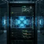 glowing CPU chip and subtle AI neural network graphics
