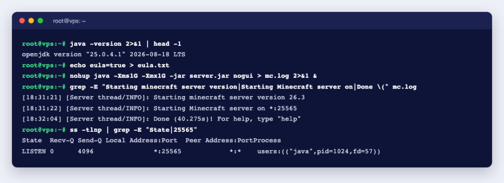 Terminal showing a Minecraft Java 26.3 server starting on Java 25 and listening on TCP port 25565
